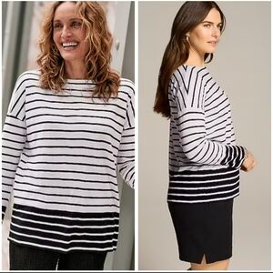 J. Jill Striped Relaxed Tee Boat Neck Tunic Top White Black Cotton Size Medium
